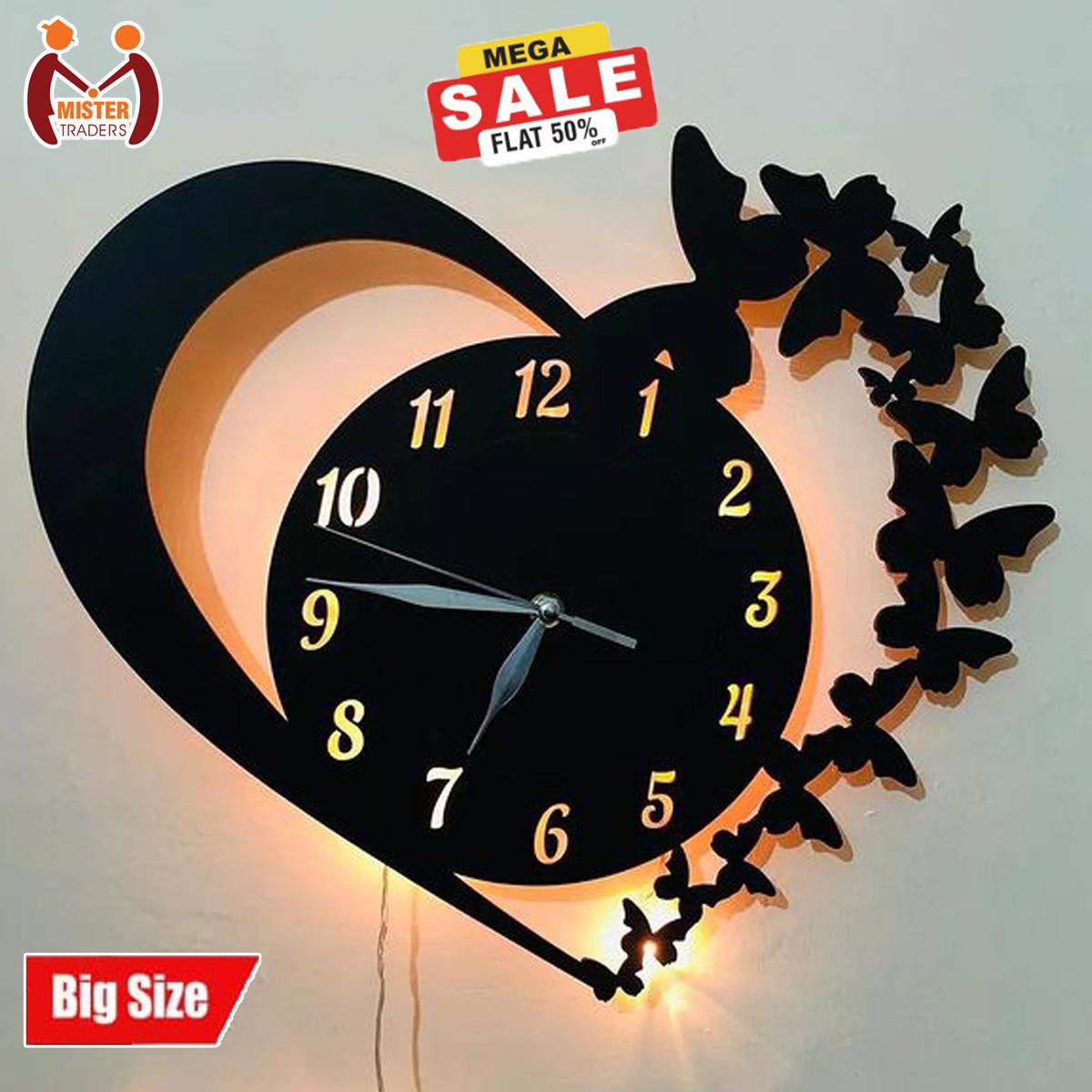 Lifestyle Glory Heart Wooden Clock With Premium Light I The New Wooden Wall Clock Big Size I Wall Clock I Wooden Wall Clock I Wall clocks for bedroom I Wall Clocks for drawing room I Wooden Wall Clocks for bedroom
